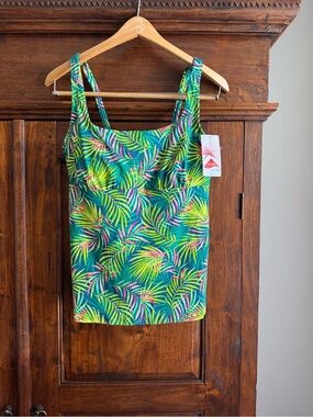 Lands' End Square Neck Tankini Top Baltic Teal Multi Tropical Print